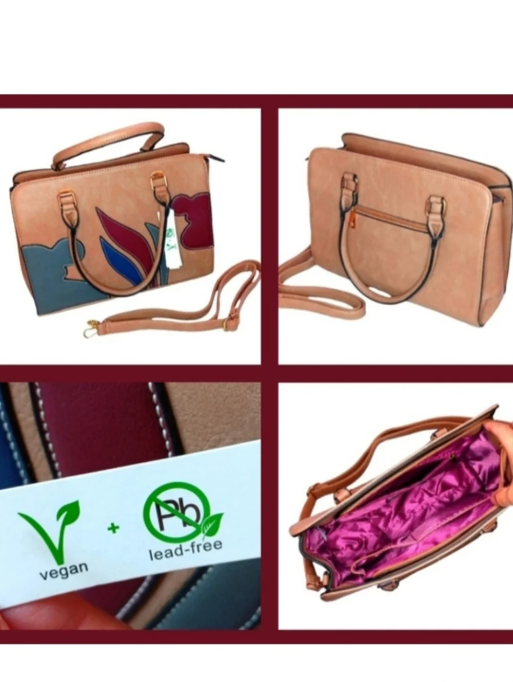 Faux Leather Large Camel Satchel Shoulder Bag | Patchwork